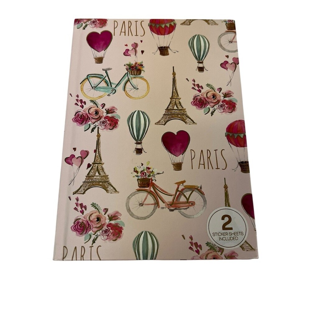 FLOMO Paris Themed Notebook Journal Eiffel Tower Bikes Balloons + Stickers